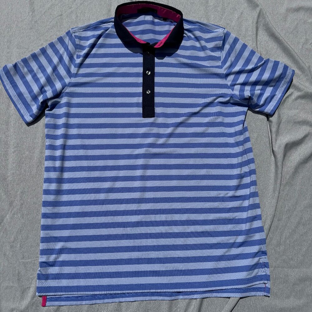 Greyson Mens Polo Golf Shirt Performance Stripe Wolf Driftwood Blue Purple Large